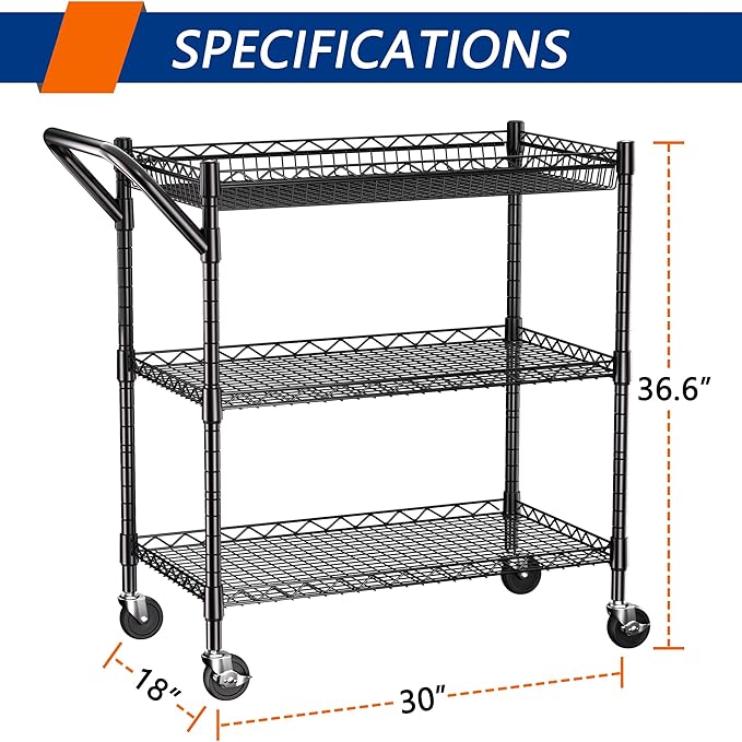 REGILLER 3 Tier Heavy Duty Rolling Utility Cart,18" D x 30" W x 36.6" H Rolling Carts with Wheels,Commercial Grade Metal with Handle Bar & Shelf Liner,Trolley Serving Storage Cart for Kitchen Black