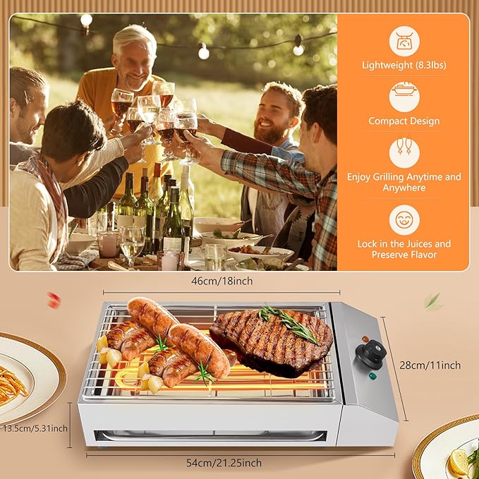 1800W Electric BBQ Grill & Countertop Electric Grill, Smokeless Indoor Outdoor Grill with Stainless Steel Grate & Adjustable Temp, Portable Commercial Grill for Home Kitchen Camping Party Use
