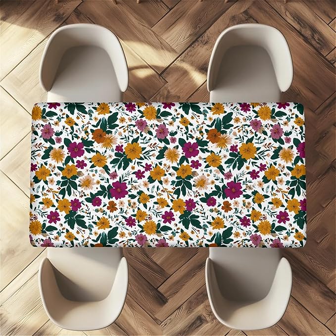 Rectangle Table Cloth Cover Waterproof Elastic Fitted Polyester Fitted Tablecloths for 6 Foot Tables for Indoor,Picnic, Camping, Outdoor （72" x 30"，Floral Print）