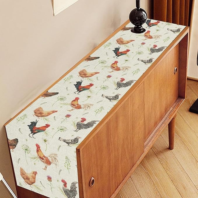 Farmhouse Rooster Table Runner, Rustic Farm Animals Cow Pig Chicken Coffee Table Center Decor for Home Kitchen Dining Patio Holiday Party Indoor Outdoor Table Decorations, 13"x90" Inch