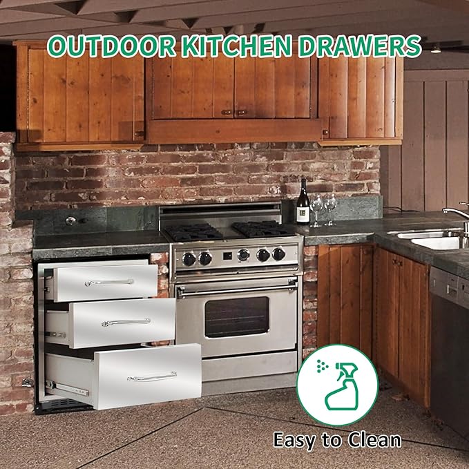 Outdoor Kitchen Drawers 14" W x 21" H x 23" D Stainless Steel Triple Drawers with Ergonomic Handle for BBQ Island, Patio Grill Station & Outdoor Kitchen Cabinets