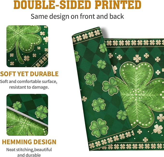 Green Shamrock St Patricks Day Placemats Set of 4 Lucky Clover Plaid Check Table Mat 12x18 Inch St. Patrick's Day Seasonal Holiday Place Mats Spring Linen Placemat for Party Kitchen Dining Decor