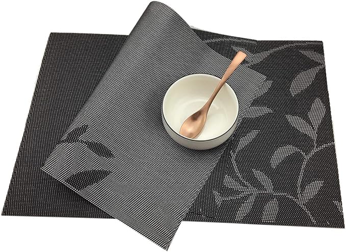 Gugrida Place Mats PVC Set of 6, Table Placemats Set of 6 PVC Woven Vinyl Place Mats Table Mats Natural Color (6 pcs, Black Leaves)