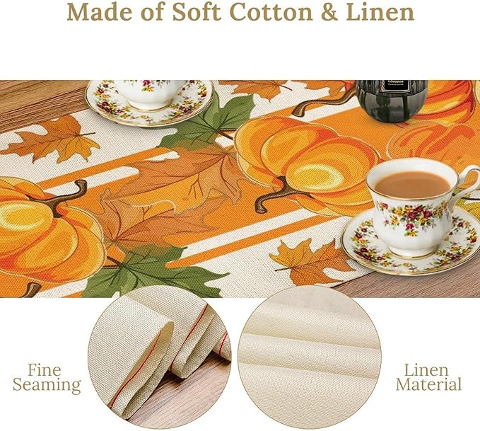 Fall Pumpkin Table Runner, Autumn Orange Maple Leaves Print Table Runner for Thanksgiving Harvest Holiday Indoor Outdoor Table Decoration, 13x108inch