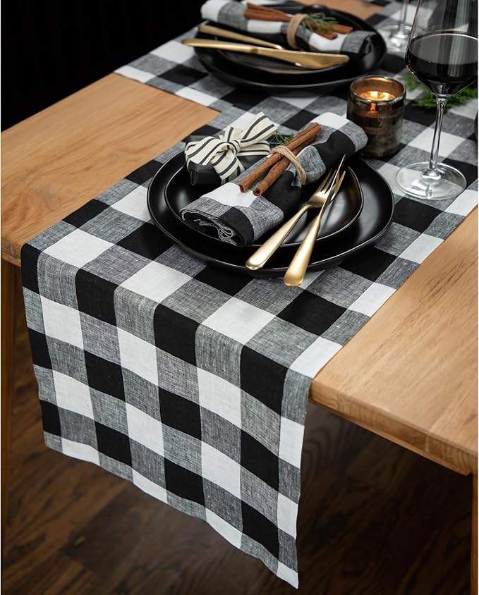 Solino Home Linen Checkered Table Runner 120 Inches Long - 100% Pure Linen Black and White Buffalo Check Table Runner 14 x 120 Inch Ideal for Dining