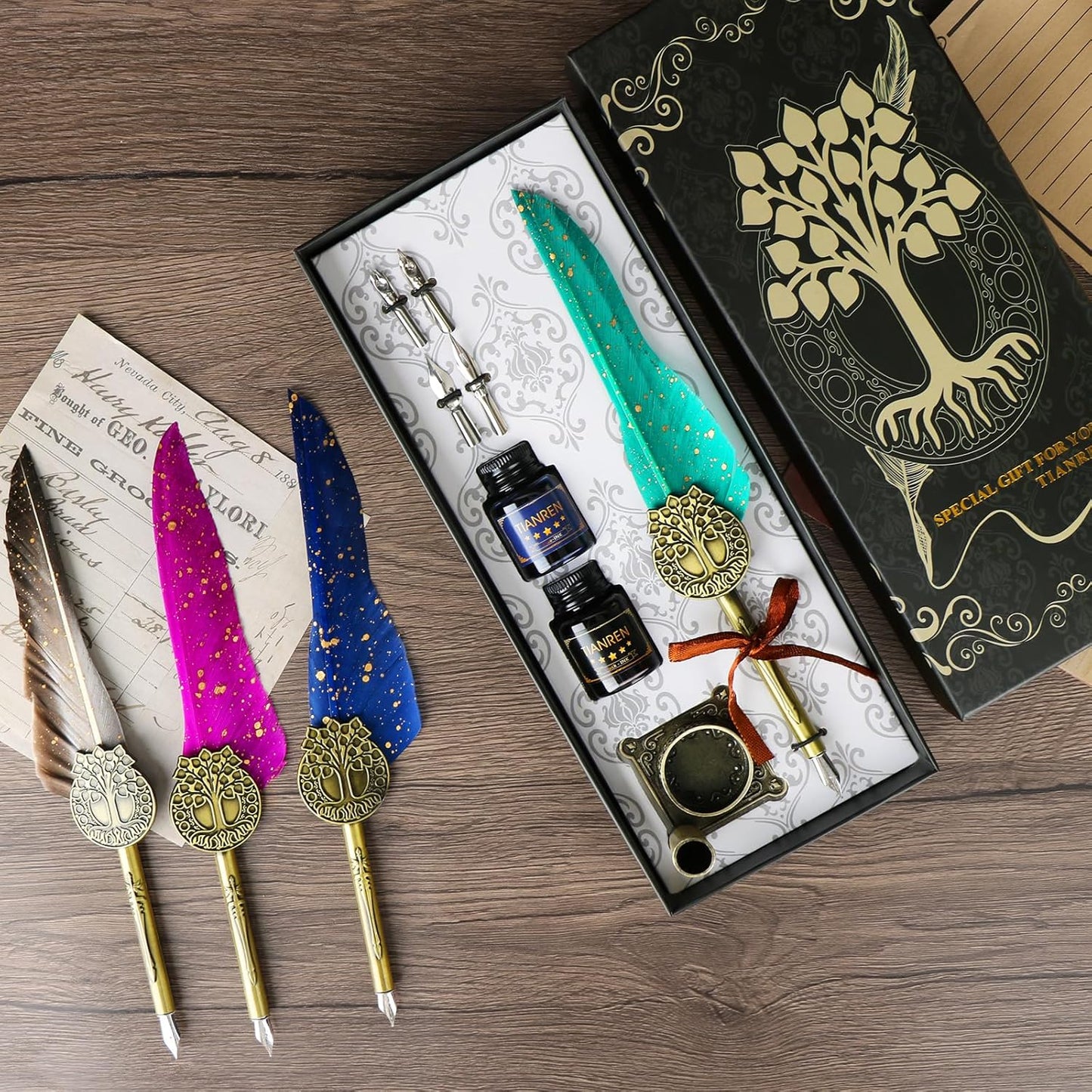 Feather Pen and Ink Set,quill pen ink set,Antique Calligraphy Pen with 4 Replaceable Nibs,2 Bottle of ink,Pen Holder Christmas Gift for Men&Women.(Green)
