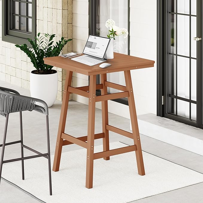 Costaelm Outdoor Bar Table, 42" Counter Height Square Patio Cocktail Bar Table with Umbrella Hole, Patio Bistro Dining Pub Table for Front Porch Deck Backyard Garden, Teak