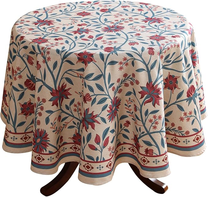 Designer Floral Linen Round Tablecloth,Vintage William Morris Wrinkle Resistant Table Cloth,Decorative Table Cover for Kitchen,Dining,Thanksgiving,Christmas,Diameter 67"-Dorodango B