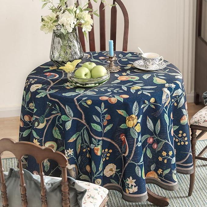 Linen 55 Inch Round Tablecloth,Wrinkle Resistant French Blue Tablecloth Print with Froal,Decor Stitch Table Cloth for Thanksgiving,Dining Room,Home,Kitchen Diameter 55"-DeweyA Blue