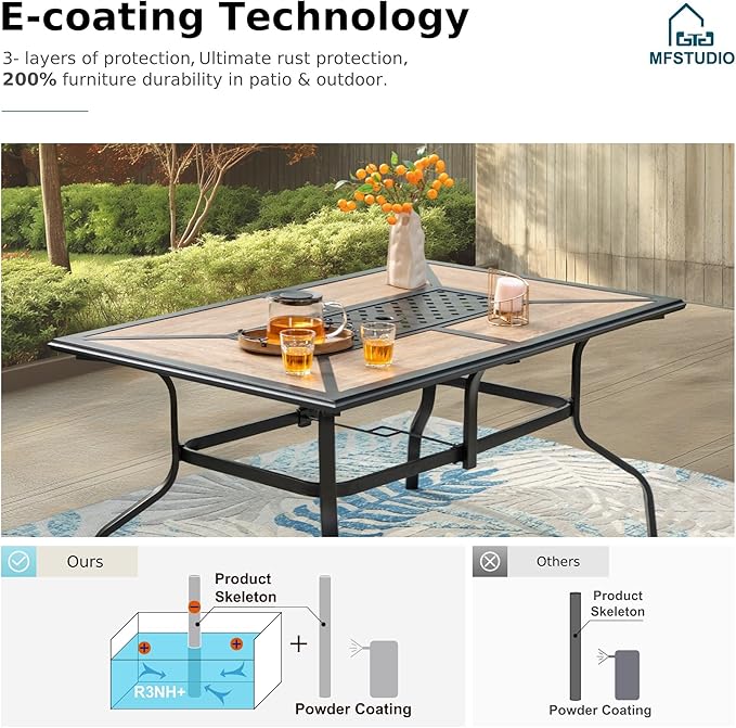MFSTUDIO Outdoor Patio Dining Table for 6, Rectangular Patio Furniture Table with Metal Frame and Immitation Top, Adjustable Umbrella Hole