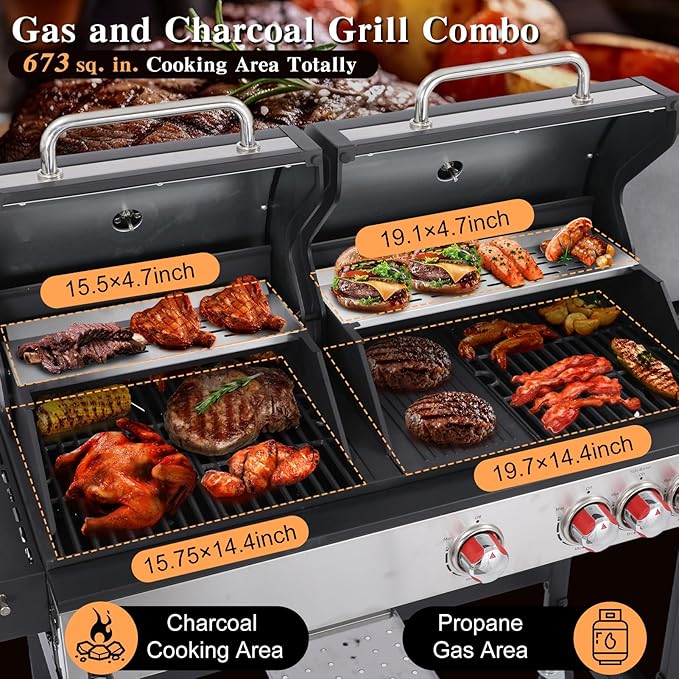 CIG GARDEN Gas and Charcoal Combo Grill, 3 Burner Propane Gas Grill with Side Burner, Cast Iron Grates Outdoor Barbecue Grill with 41,500 BTU Output, Perfect for Outdoor Cooking, Balcony, Camping