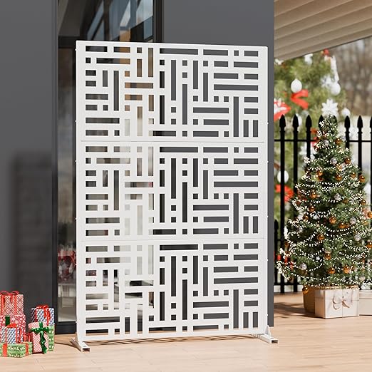 Casaphoria Metal Privacy Screen Outdoor, 72" H x 47" W Freestanding Decorative Privacy Screen for Patio Deck Balcony Garden with Stable Base, White-Helen