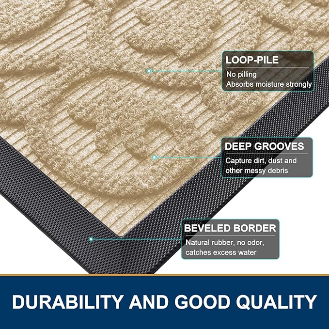 Smiry Welcome Door Mat Outside Entrance, Heavy Duty Trap Dirt and Moisture Easy Clean Low Profile Patio Porch Indoor Outdoor Front Doormat for Entry, 36x24 Inch, Beige