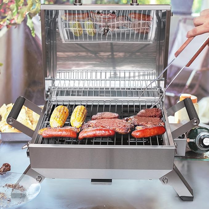 Stainless Steel Portable Grill with Two Handles and Travel Locks, Tabletop Propane Gas Grill with Folding Legs, 10000 BTU, for Picnic Cookout, GT2001, Silver