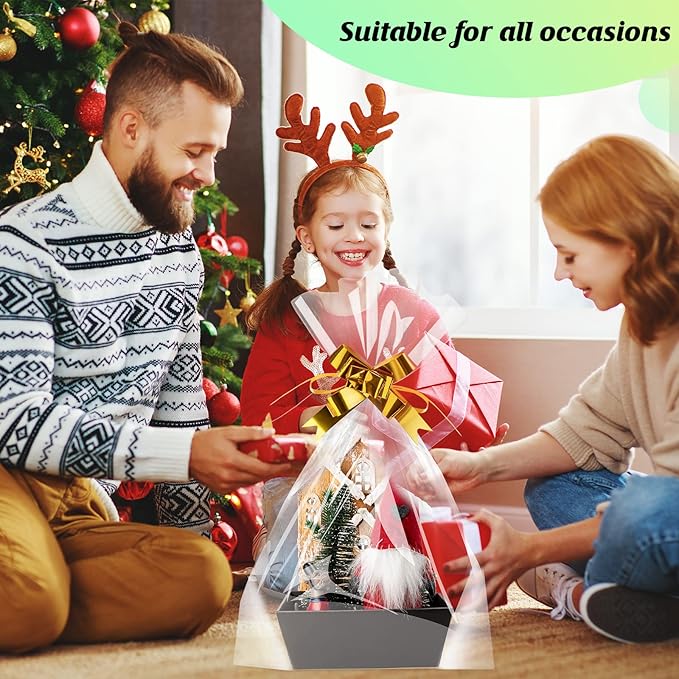Fainne 74 Pcs Baskets for Gifts Empty Bulk DIY Empty Gift Basket Include 20 Kraft Cardboard Tray with Handles 30 Bags 24 Bows for Christmas Thanksgiving Birthdays Snacks Party, 8" x 6" x 3"(Black)