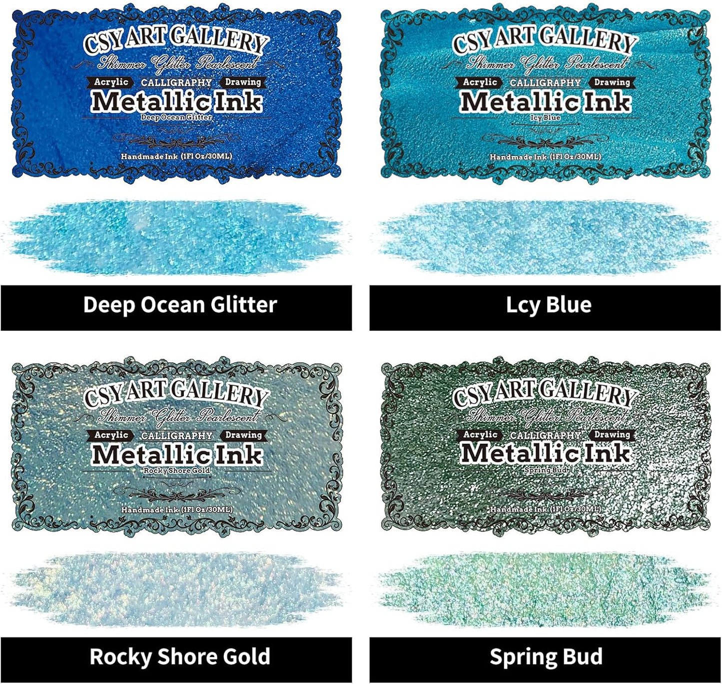 CSY art gallery Metallic Acrylic Ink-Craft Paint-Calligraphy Inks,Glitter-Pearlescent -ICY Blue Drawing Ink Liquid Gold Leaf Paints with Dropper, 1oz - 29.5 ml (Ice Lake Mountains Set)