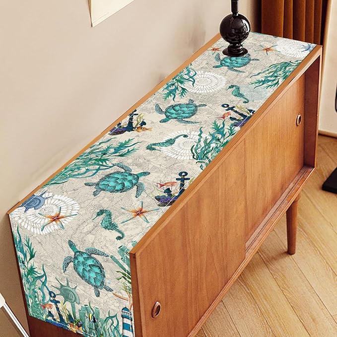 Sea Turtle Table Runner, Summer Coastal Starfish Seahorse Seashells Coastal Nautical Tropical Ocean Rustic Farmhouse Table Center Decor for Home Kitchen Dining Patio Indoor Outdoor, 13"x36" Inch