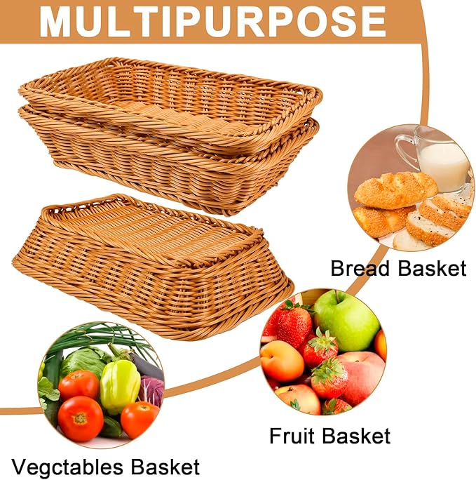 2 Pack 12" Rectangular Poly Wicker Bread Baskets, Durable Woven Serving Basket for Fruits, Vegetables Bread Indoor/Outdoor Use in Kitchen, Home, Restaurant