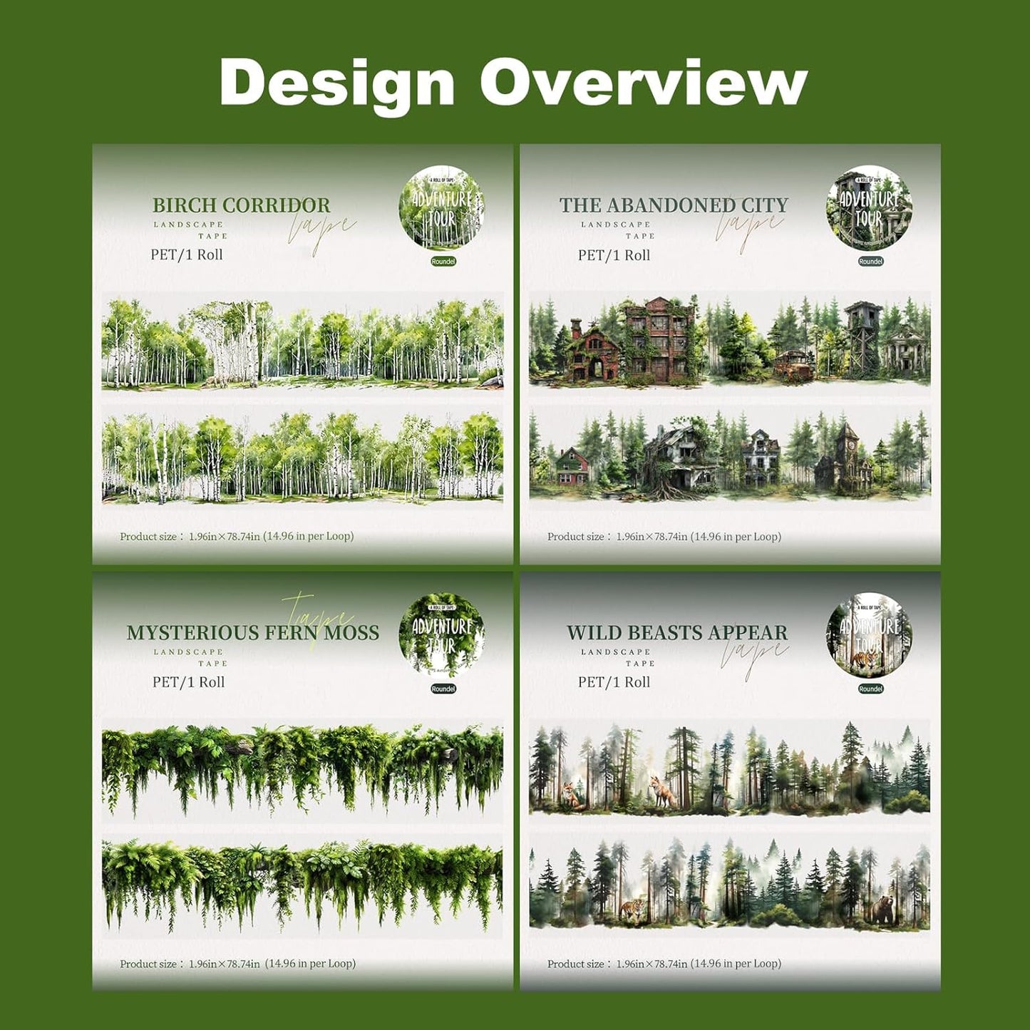 Forest Adventure Transparent PET Scrapbook Tape Set with Clip - 4 Rolls Tree and Landscape Scenery Design Stickers for Journals Planners Crafts and Gift Ideas