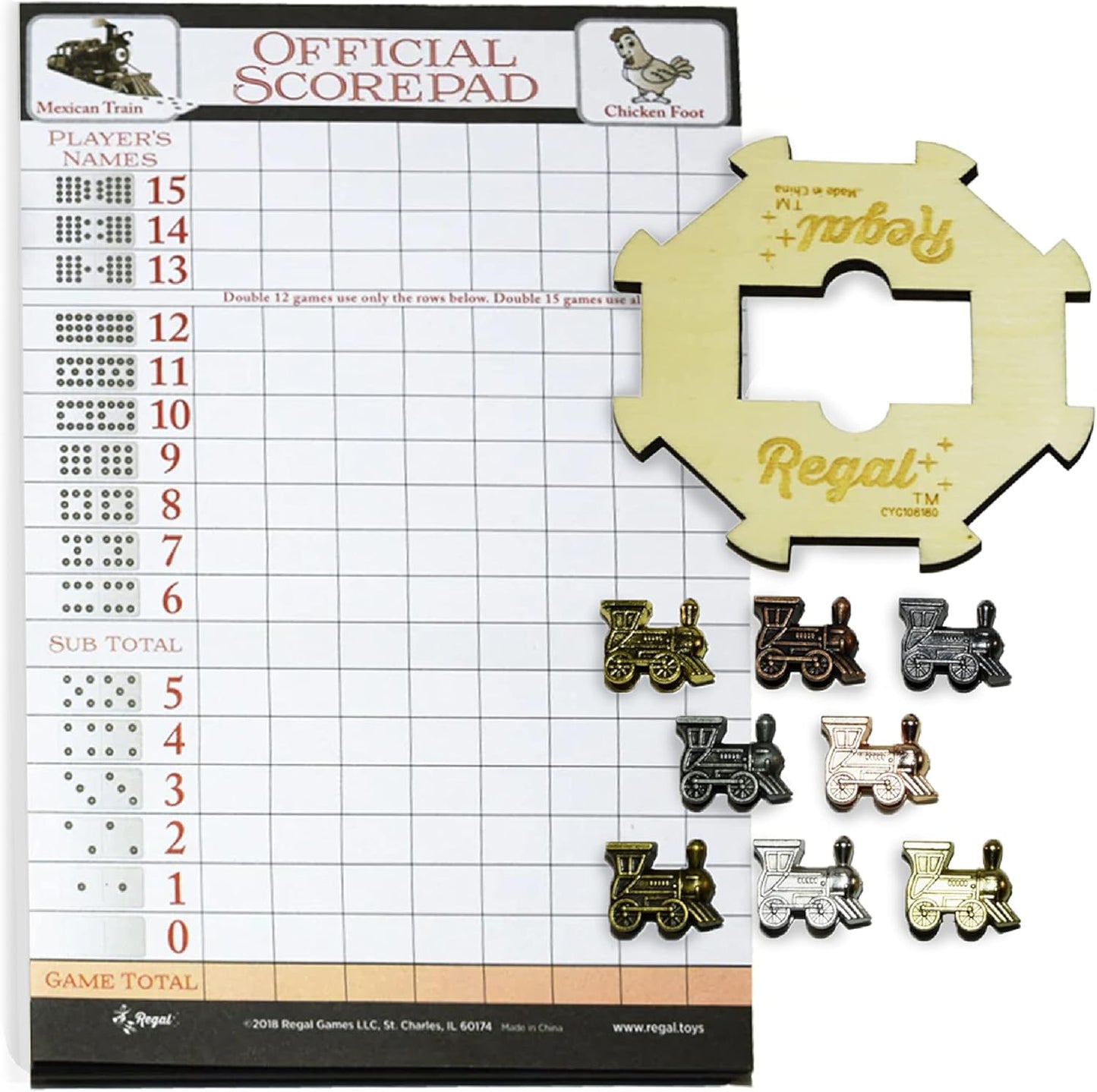 Regal Games Mexican Train Domino Expansion Set - 8 Metal Marker Trains with Unique Finishes - Replacement Wooden Hub - Scoresheet