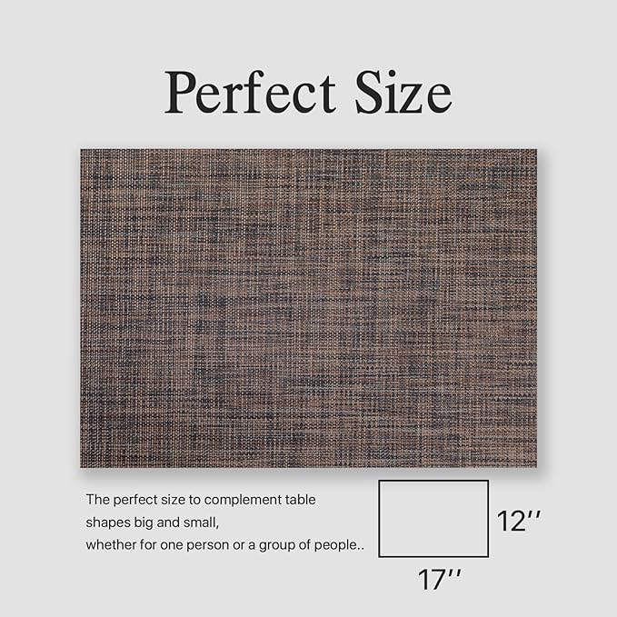 Placemats Set of 12 - Easy Clean Woven Vinyl Placemats for Dining Table, Indoor/Outdoor Place Mats, Washable PVC Table Mats（Black/Brown）