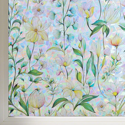 FINNEZ Window Privacy Film Stain Glass Film Flowers Rainbow Window Film Window Clings Non-Adhesive Reusable Decorative for Home（Forest Rainbow，35.4 Inch x 13.1 Feet）