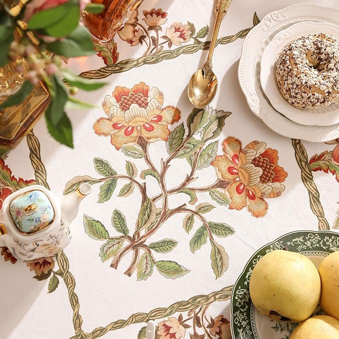patdrea Designer Linen Rectangle Tablecloth,Vintage French Floral Tablecloths,Wrinkle Free Table Cloth,Decorative Table Cover Cloth for Kitchen,Dining,Tea Party,Home,Christmas,63"*87"