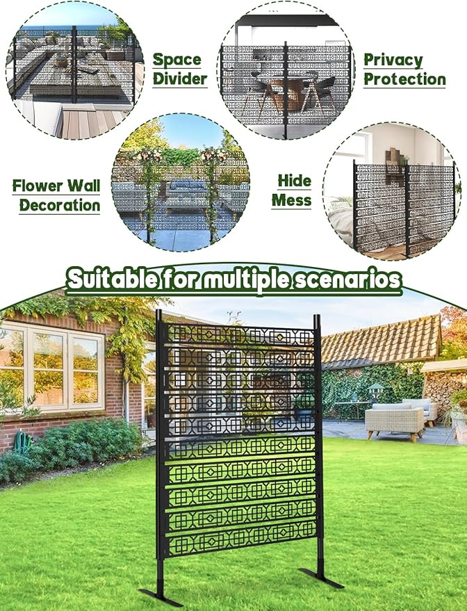 6FT Metal Privacy Screen for Outdoor, Kalolary Privacy Fence Screen Freestanding Steel Privacy Fence Panels with Stand Decorative No-dig Space Divider Fence for Patio Balcony Backyard Indoor