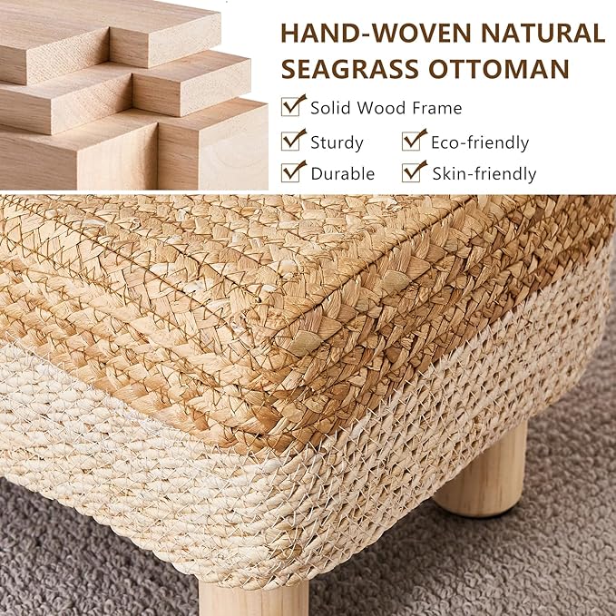 Wimarsbon Natural Seagrass Footstool Ottoman Rectangular Footrest Pouf Ottomans with Wooden Legs Hand Weave Step Stool for Living Room Bedroom Entryway White
