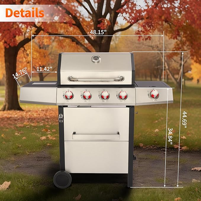 Griddle Grill Combo, Propane Gas and Charcoal Grill Combo, Outdoor BBQ Grills, 4 Burner Propane Stove with Griddle, Cast Iron Grates, Side Burner & Prep Space (4 burner&side burner combo)