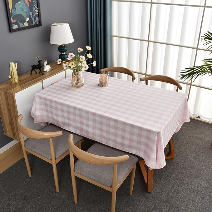 Gingham Table Cloth for Rectangle Tables Pink Checkered Plaid Tablecloth Heavy Duty Cotton Blend Washable & Wrinkle Table Cover for Outdoor Kitchen Dining Picnic Camping (52x86 Inch)