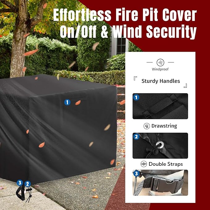 SHINESTAR 32 Inch Fire Pit Cover Square, Fits for 28-32 Inch Outdoor Fire Pit Table, Waterproof Layer & Double Stitching with Windproof Drawstring and Buckle Straps, 32 x 32 x 24 Inches, Black