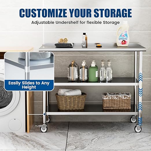 Stainless Steel Work Table with Wheels, 24x60 Inch NSF Food Prep Table with Backsplash & 2 Adjustable Undershelves for Commercial Kitchen, Restaurant, Garage