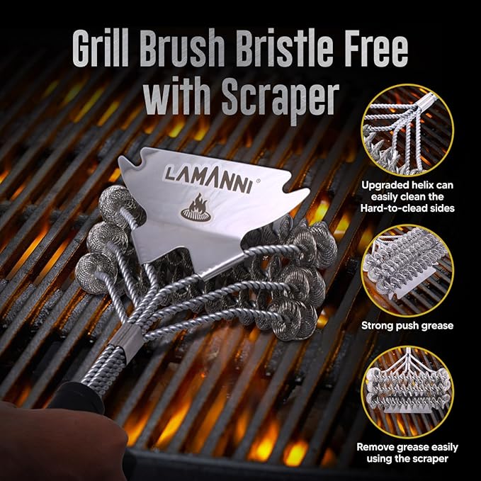 BBQ Grill Brush and Scraper 18” Heavy Duty Stainless Steel Grill Cleaner for Gas, Charcoal & Electric Grills Safe, Rustproof, Bristle-Free BBQ Cleaning Brush