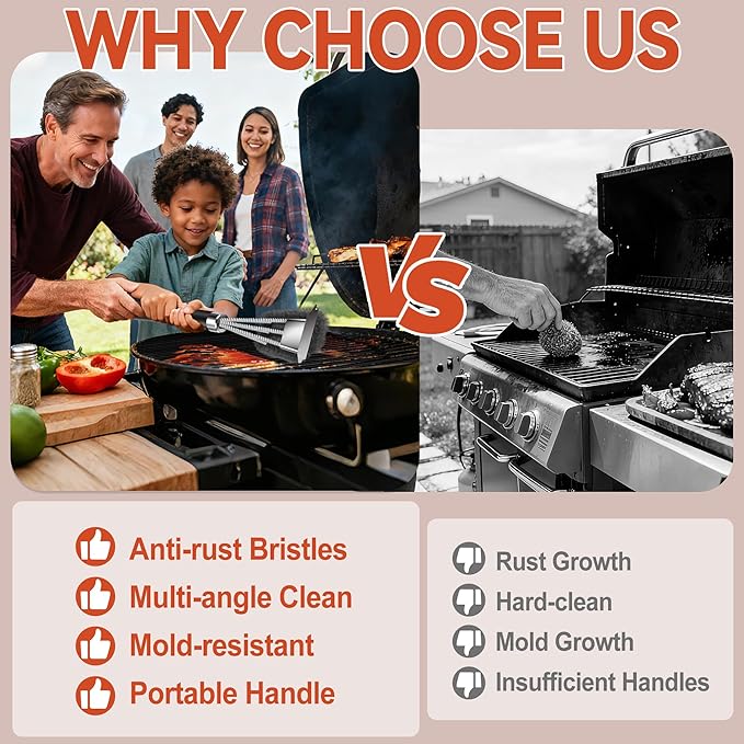 Grill Brush with Scraper,Adjustable Handle BBQ Grill Brush,Extra Strong Grill Cleaning Brush,Hangable Grill Brush for Outdoor Grill/Smoker,Ideal BBQ Grill Cleaning Kit Gifts for Outdoor Wizard