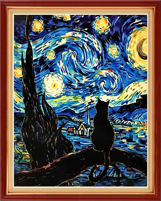 Funchey Stamped Cross Stitch Kits, DIY Cross Stitch Pattern for Adults Beginners Needlepoint Kits Embroidery Kit Arts and Crafts 11CT-Van Gogh Starry Sky Cat Admiring Moon 16x20 inchs