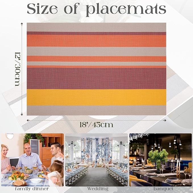 Set of 6 Colorful Striped Vinyl Placemats Heat-Resistant Washable Placemats Non-Slip Woven Table Mats Wipeable Placemat for Kitchen Dining Table Decoration Indoor Outdoor (Sunset Gold)