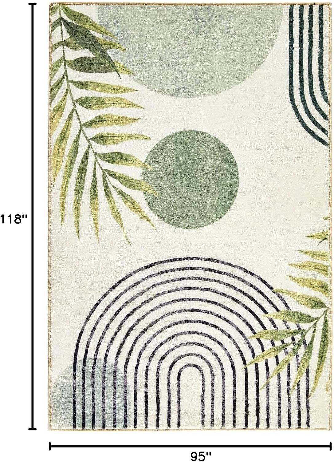 RoomTalks Mid Century Modern Washable Rug Stain Resistant, Boho Cute Aesthetic 8x10 Area Rugs for Bedroom Dining Living Room Office, Green Abstract Tropical Leaves Indoor Rug Plant Botanical Carpet