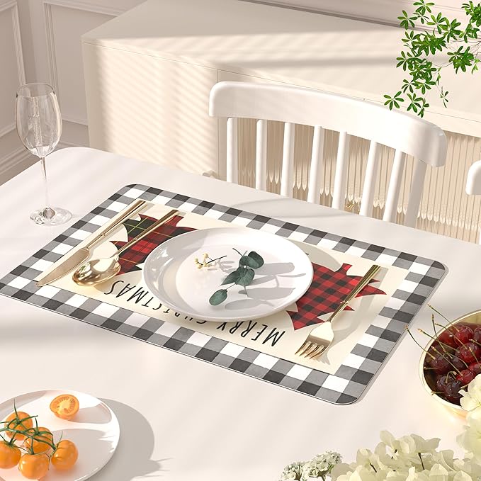 QIYI Christmas Placemats Set of 6, 12x18 Inch PU Leather Place Mats for Kitchen Dinning, Heat Resistant Anti Slip Buffalo Plaid Table Mats, Waterproof Washable Placemat Party Table Décor, Xmas Trees