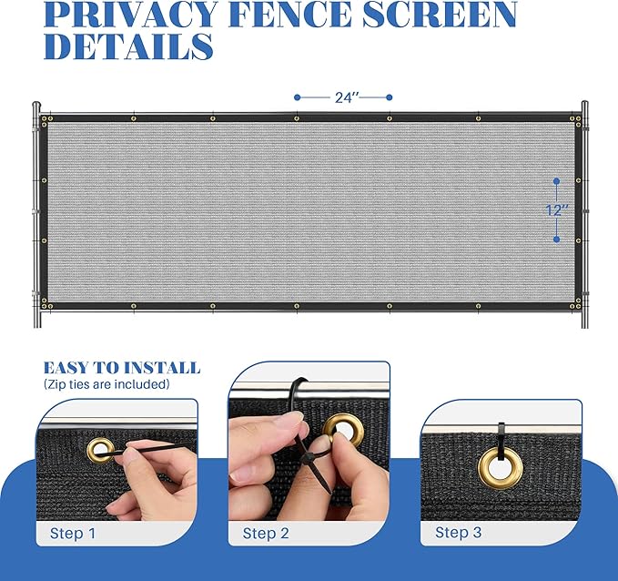 ECOOPTS 4'x182' Privacy Fence Screen Windscreen with Copper Grommets, Fit for Commercial Fence and Residential Garden Outdoor 90% UV Blockage, Cable Zip Ties Included (Gray)