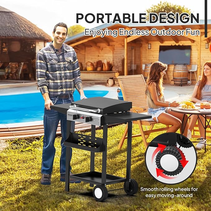 ROVSUN 2 Burner Portable Propane Griddle with Enameled Tray & Lid, 20000 BTU Rolling Flat Top Gas Grill with Electronic Ignition, Side Shelves & Regulator for Outdoor Cooking Camping BBQ Tailgating
