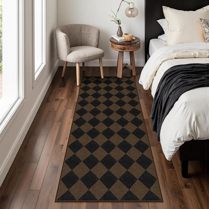 Easy Jute Checkered Runner Rug, 2x6 Coffee Modern Washable Rugs Runner for Hallway Non-Slip Kitchen Runner Rug, Geometric Diamond Indoor Outdoor Carpet for Porch Laundry Entryway