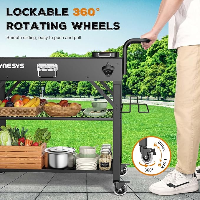 Outdoor Grill Cart, 440lbs Outdoor Grill Table, 31x17 inch Blackstone Griddle Stand, Portable Folding Cart with Wheels, 2-Tier Storage Rack & Side Storage Box (Black)