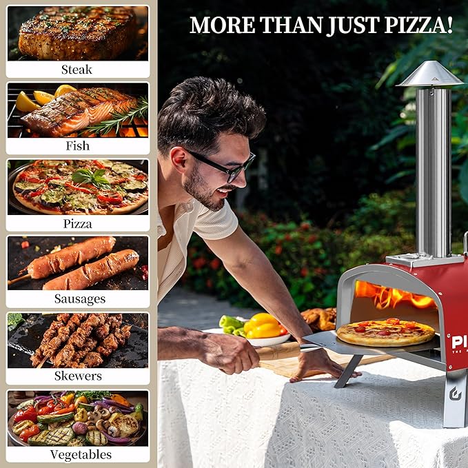 PIZZELLO 16" Outdoor Pizza Oven Propane & Wood Fired Stainless Steel Pizza Grill with Gas Burner, Wood Tray Pizza Stone, Pizza Peel, Carry Bag (Red)