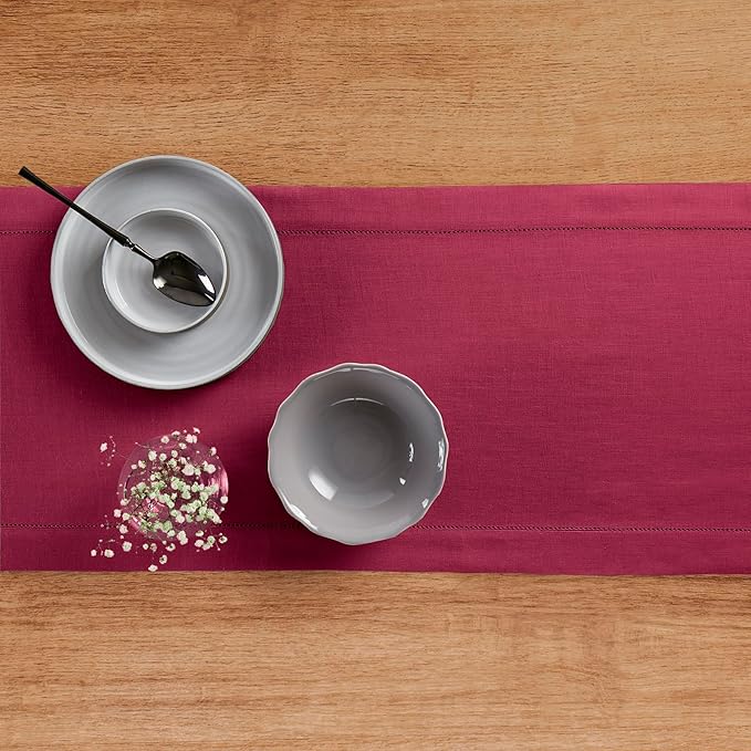 Solino Home Linen Beet Table Runner 132 Inches Long - 100% Pure Linen Extra Long Table Runner 14 x 132 Inch for Valentines, Easter - Classic Hemstitch