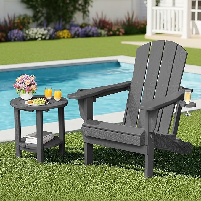 SERWALL Round Outdoor Side Table Set of 2, HDPE Small Adirondack Double End Table, Gray