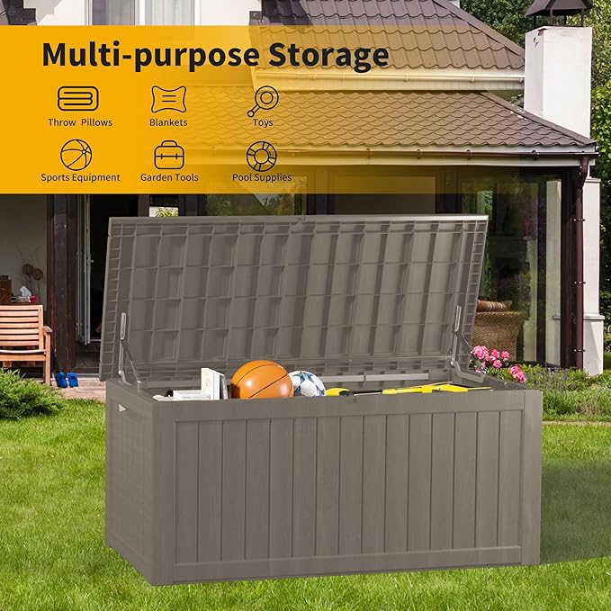 200 Gallon Deck Box, Resin Outdoor Indoor Waterproof Storage Box, Lockable Storage Box With Handle for Patio Furnitures - Garden Tools - Swimming Pool Tools UV Resistant (Grey, 200Gal)