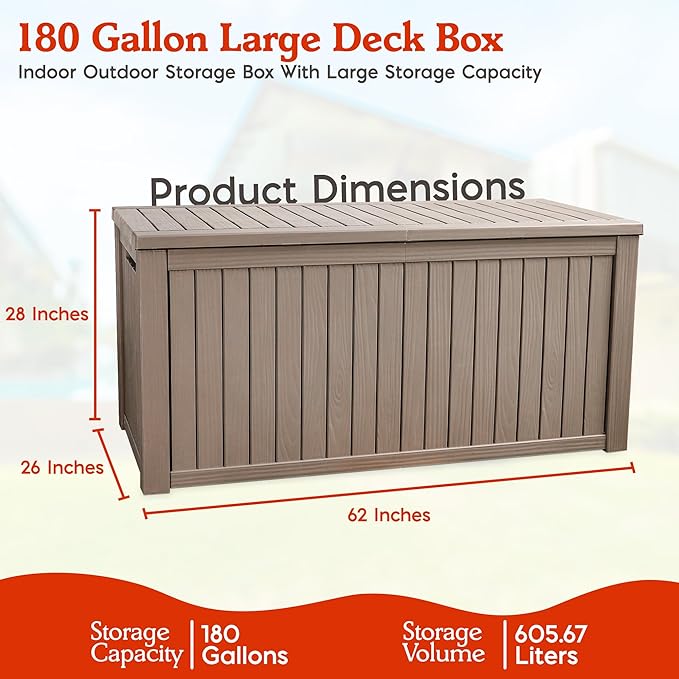 180 Gallon Large Resin Outdoor Storage Deck Box, for Patio Cushions, Garden Tools, Sports Equipment, and Pool Supplies, Lockable & Waterproof (Brown)
