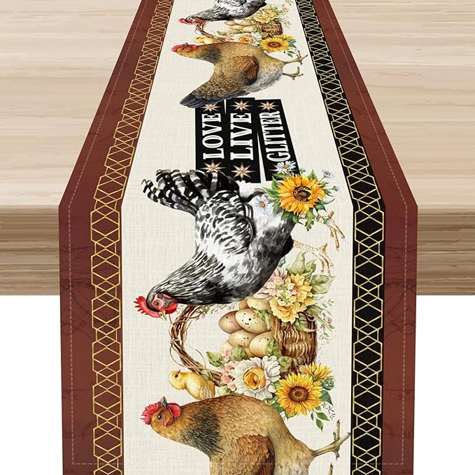Farmhouse Rooster Table Runner, Rustic Vintage Chicken Egg Sunflower Floral Cow Hen Red Coffee Table Center Decor for Family Kitchen and Dining Room Outdoor Country Party Table Decorations, 13"x90"