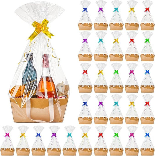 Tuanse 30 Pcs Basket for Gift Empty DIY Bulk Gift Basket Kit with Handle Kraft Cardboard Tray with 30 Bag 30 Bow Market Tray for Wedding Party(Brown,12.6 x 9.8 x 5.9 in)